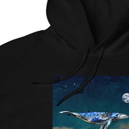 Product details of a Black Whale Hoodie featuring a charming Whale Under The Moon graphic on the chest - Cool Graphic Whale Hoodies - Boozy Fox