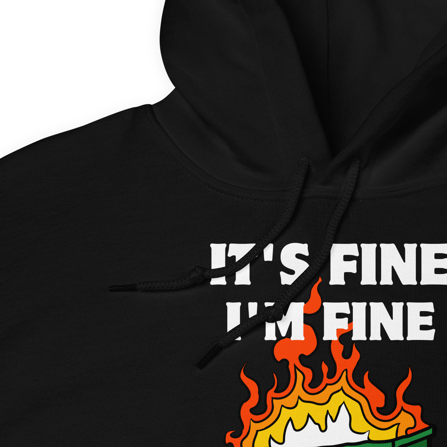 Front details of a Funny Dumpster Fire Raccoon graphic hoodie in black by Boozy Fox