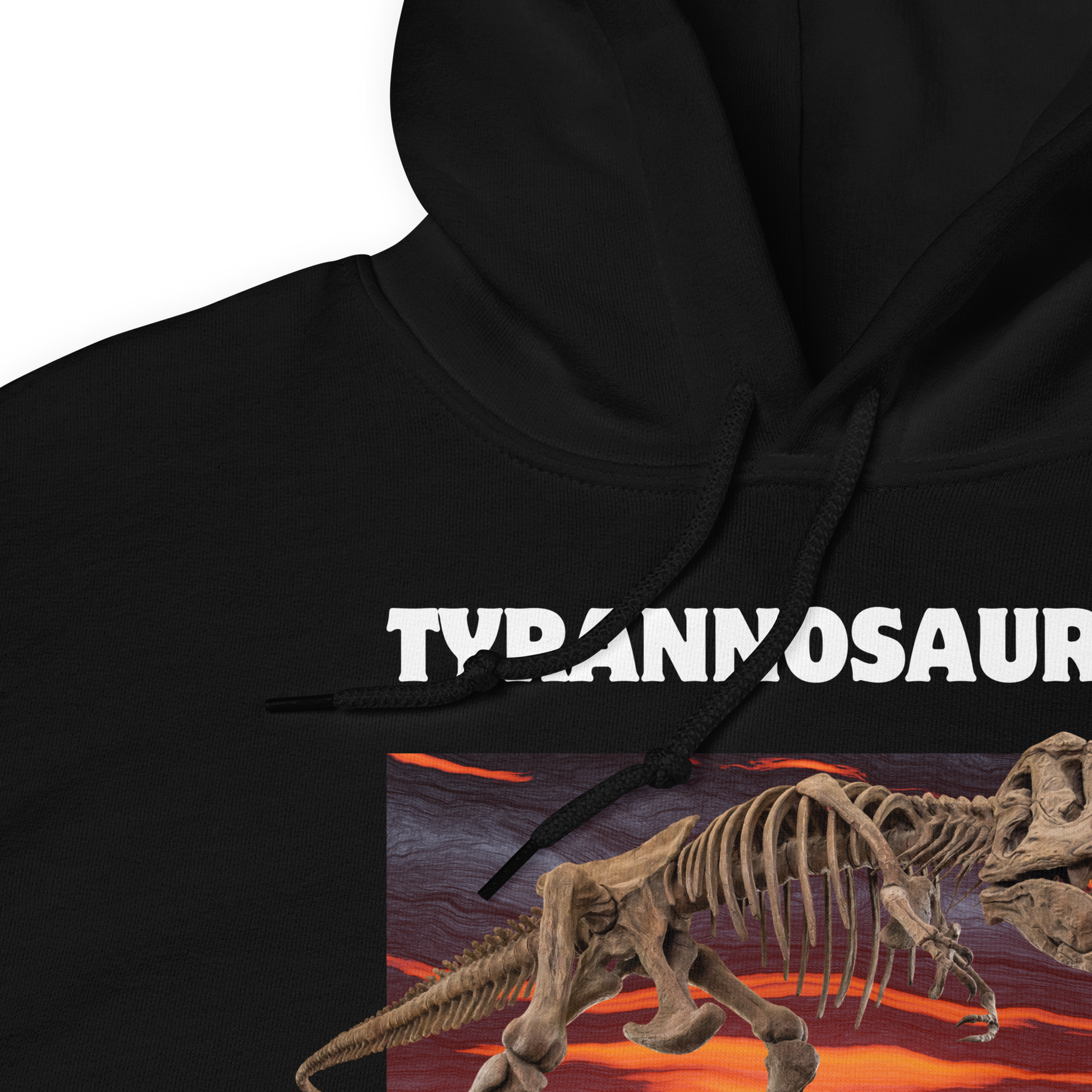 Front details of a Funny Tyrannosaurus Wreck T-Rex Dinosaur graphic hoodie in black by Boozy Fox