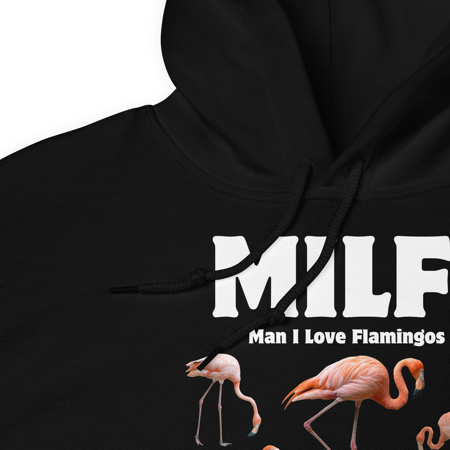 Front details of a Funny Man I Love Flamingos graphic hoodie in black by Boozy Fox