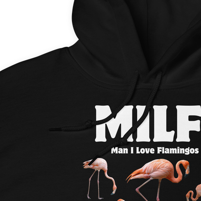 Front details of a Funny Man I Love Flamingos graphic hoodie in black by Boozy Fox