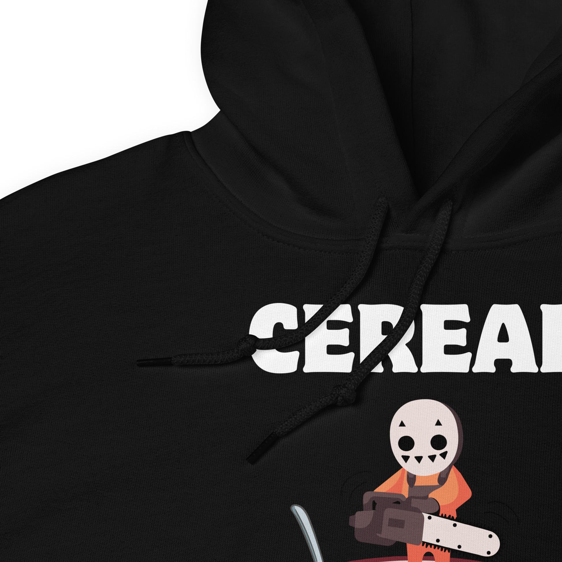 Front details of a Funny Cereal Killer breakfast graphic hoodie in black by Boozy Fox