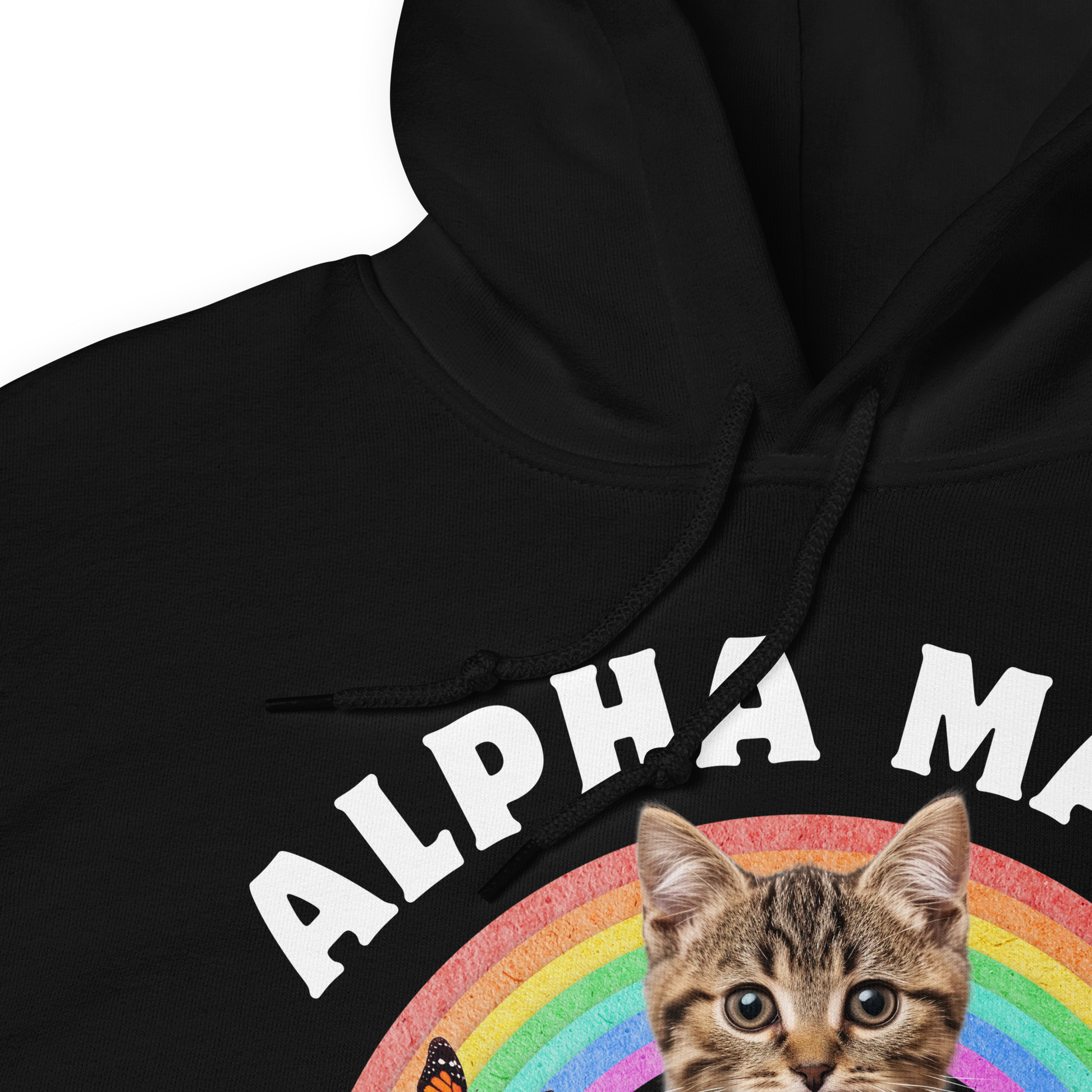 Front details of a Funny Alpha Male Cat rainbow roses graphic hoodie in black by Boozy Fox