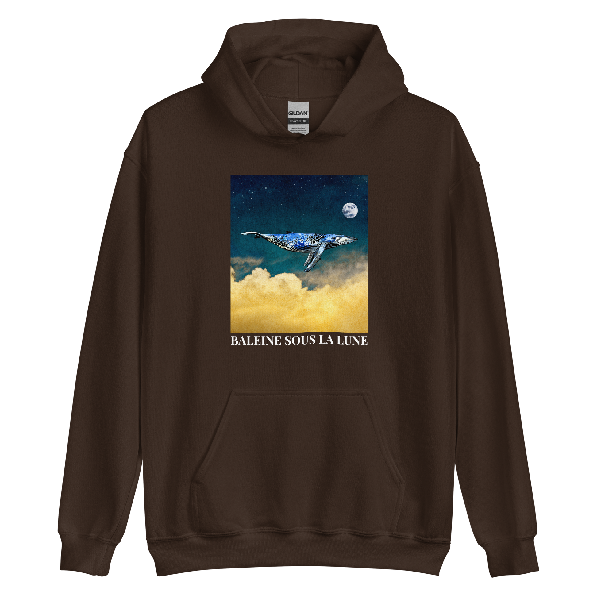 Dark Chocolate Whale Hoodie featuring a charming Whale Under The Moon graphic on the chest - Cool Graphic Whale Hoodies - Boozy Fox