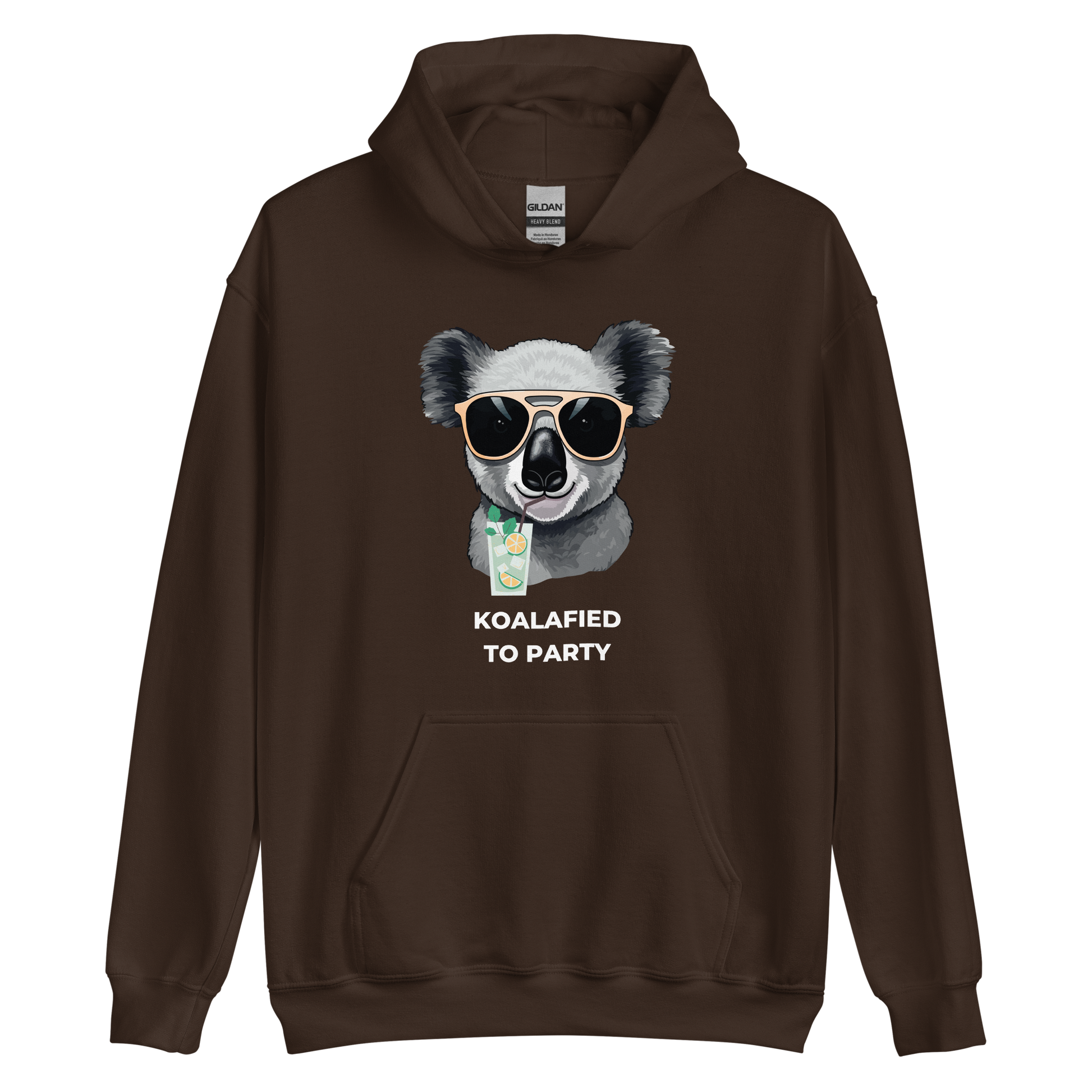 Dark Chocolate Koala Hoodie featuring a captivating Koalafied To Party graphic on the chest - Funny Graphic Koala Hoodies - Boozy Fox