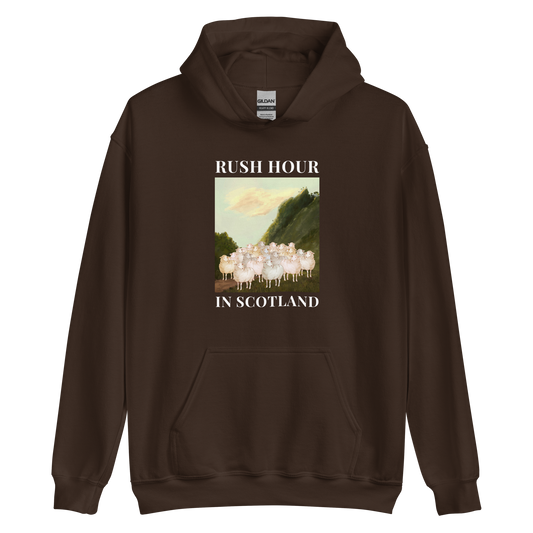 Dark Chocolate Brown Sheep Hoodie featuring a comical Rush Hour In Scotland graphic on the chest - Artsy/Funny Graphic Sheep Hoodies - Boozy Fox