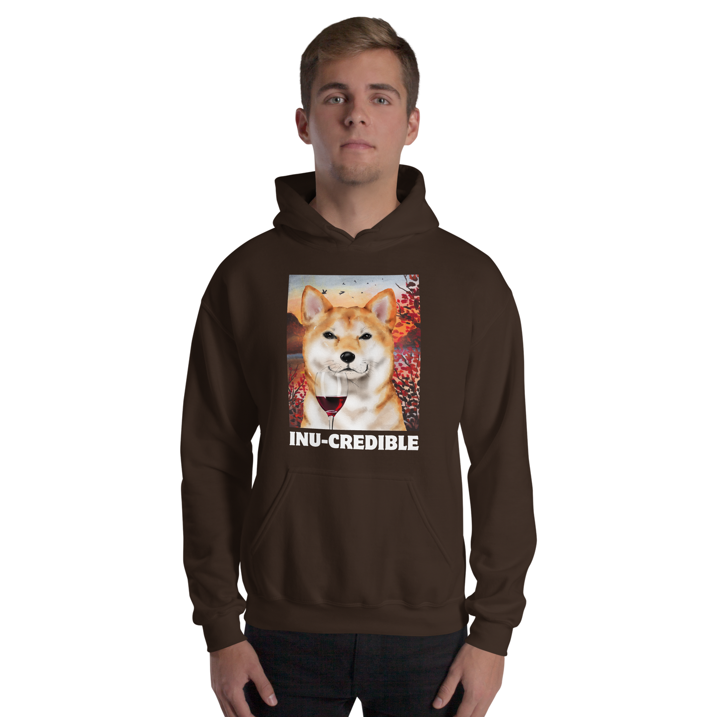 Man wearing a Funny Shiba Inu graphic hoodie in dark chocolate brown by Boozy Fox