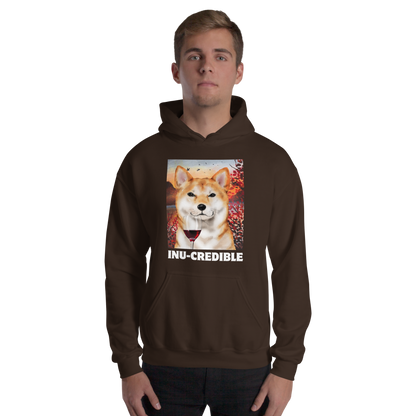 Man wearing a Funny Shiba Inu graphic hoodie in dark chocolate brown by Boozy Fox