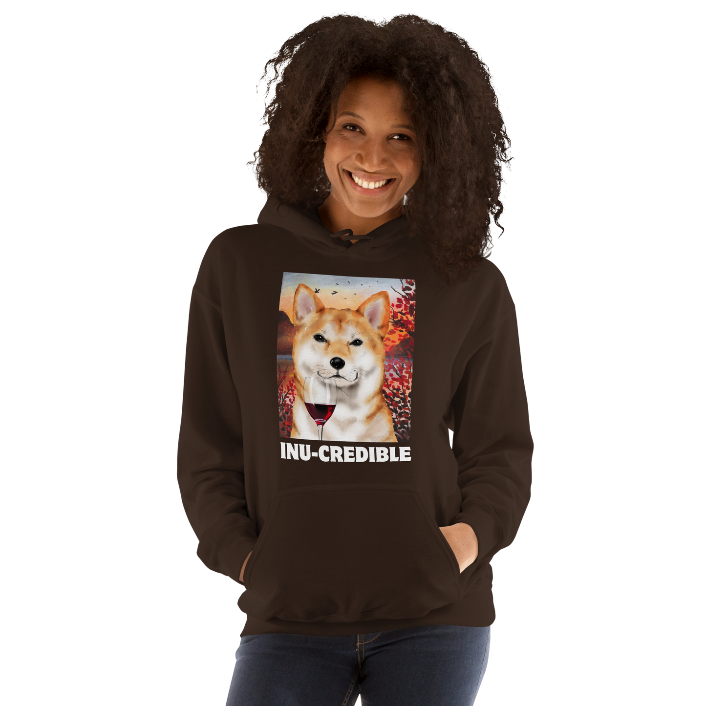 Woman wearing a Funny Shiba Inu graphic hoodie in dark chocolate brown by Boozy Fox