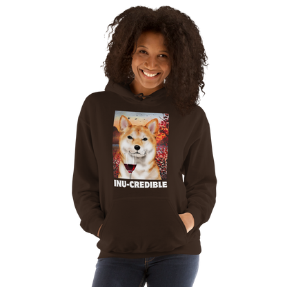 Woman wearing a Funny Shiba Inu graphic hoodie in dark chocolate brown by Boozy Fox