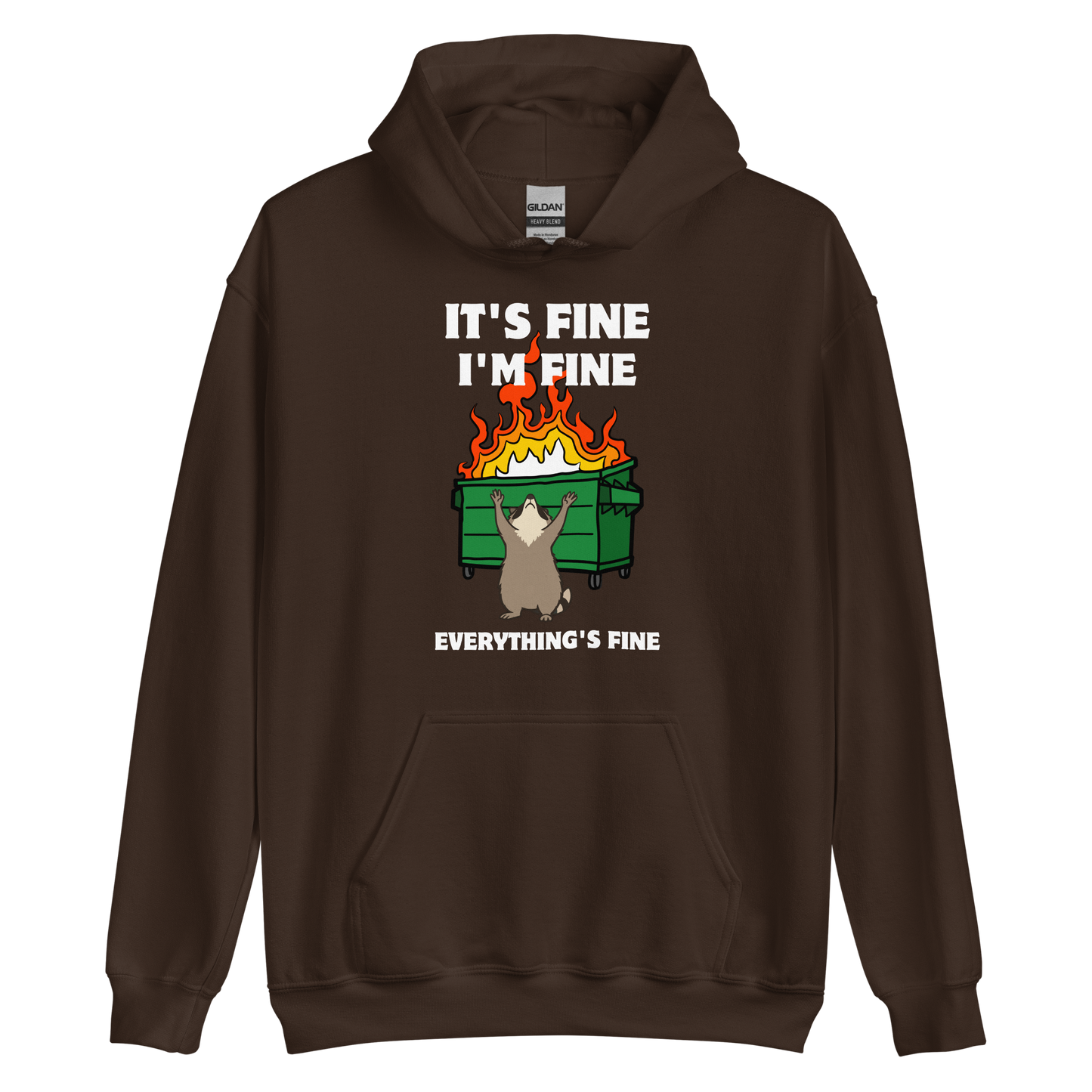 Funny Dumpster Fire Raccoon graphic hoodie in dark chocolate brown by Boozy Fox