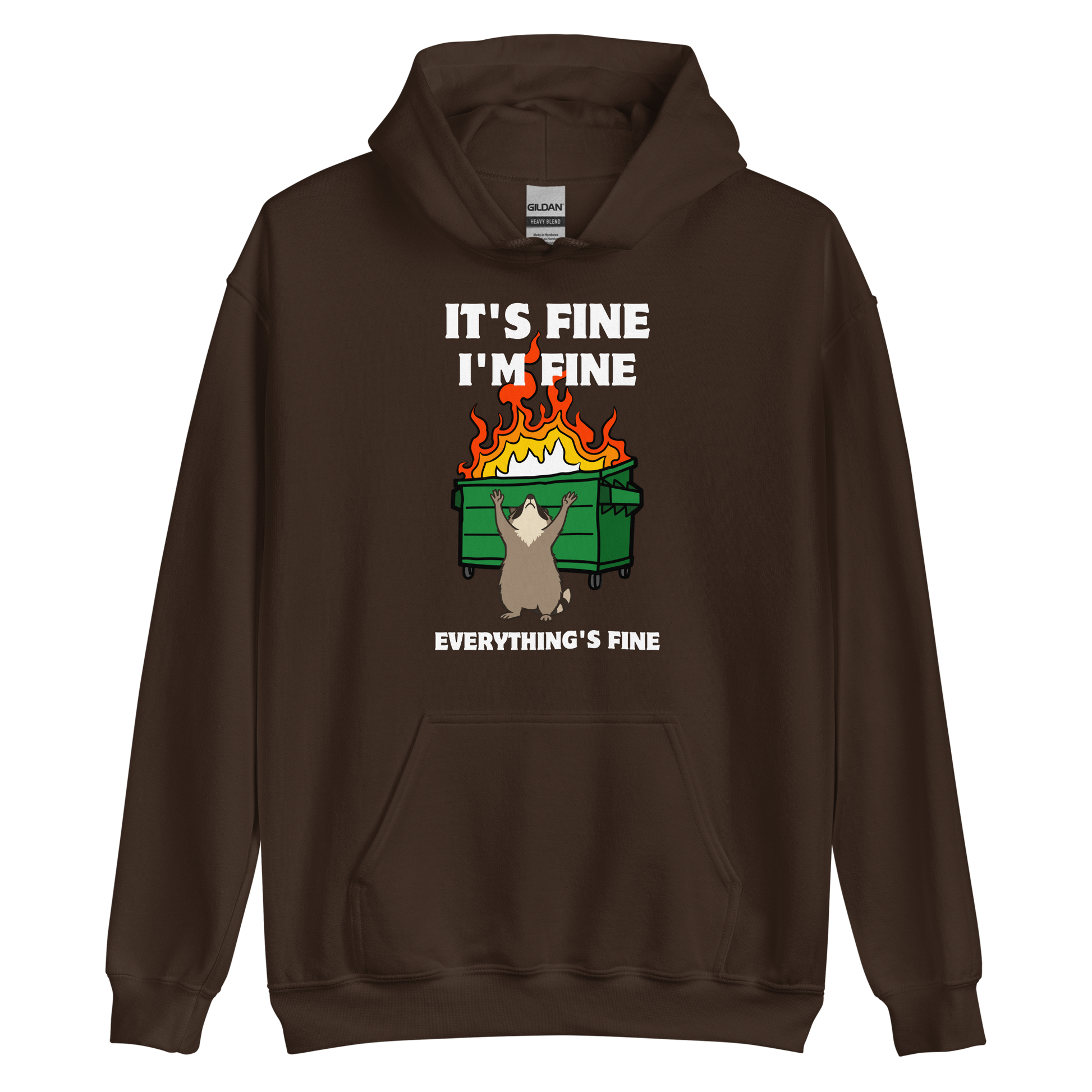 Funny Dumpster Fire Raccoon graphic hoodie in dark chocolate brown by Boozy Fox