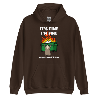 Funny Dumpster Fire Raccoon graphic hoodie in dark chocolate brown by Boozy Fox