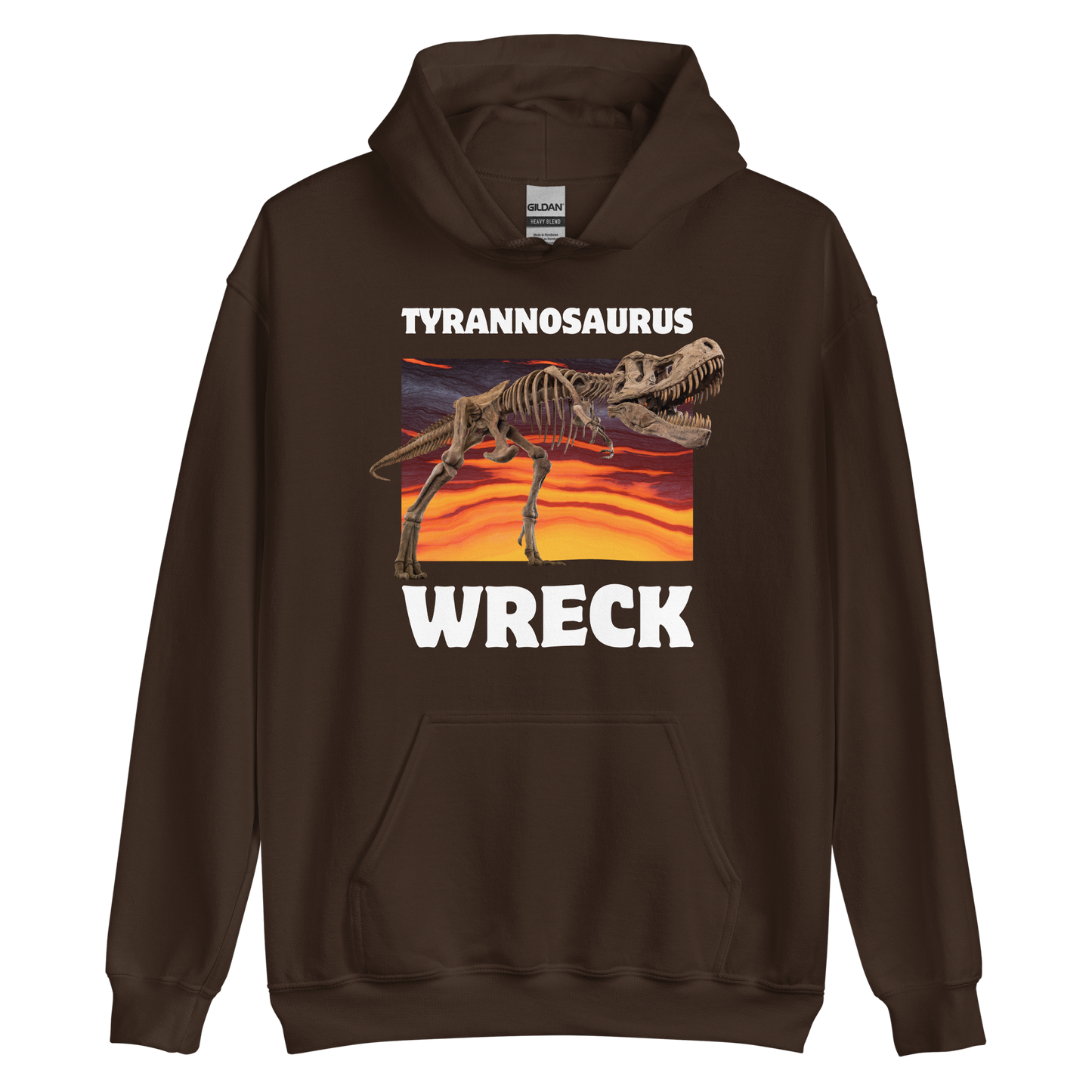 Funny Tyrannosaurus Wreck T-Rex Dinosaur graphic hoodie in dark chocolate brown by Boozy Fox