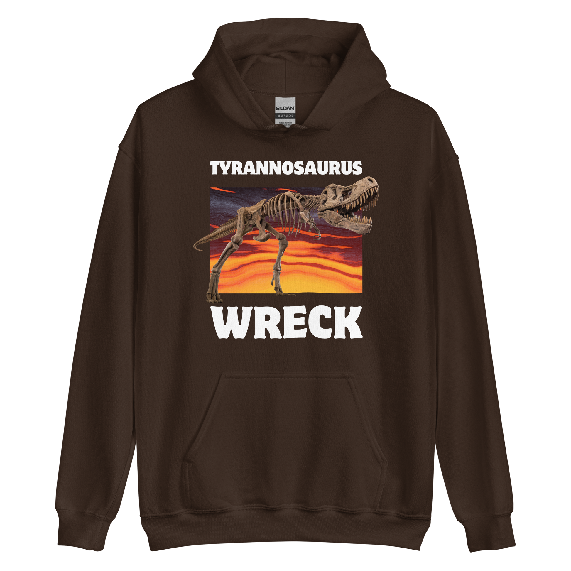 Funny Tyrannosaurus Wreck T-Rex Dinosaur graphic hoodie in dark chocolate brown by Boozy Fox