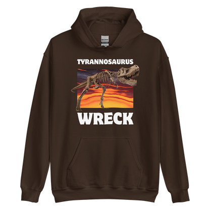 Funny Tyrannosaurus Wreck T-Rex Dinosaur graphic hoodie in dark chocolate brown by Boozy Fox