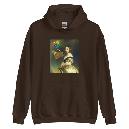 Funny Young Queen Victoria graphic hoodie in dark chocolate brown by Boozy Fox