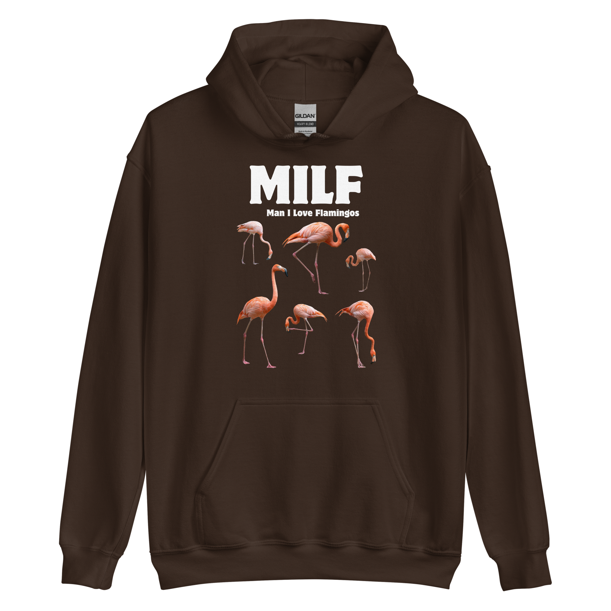 Funny Man I Love Flamingos graphic hoodie in dark chocolate brown by Boozy Fox