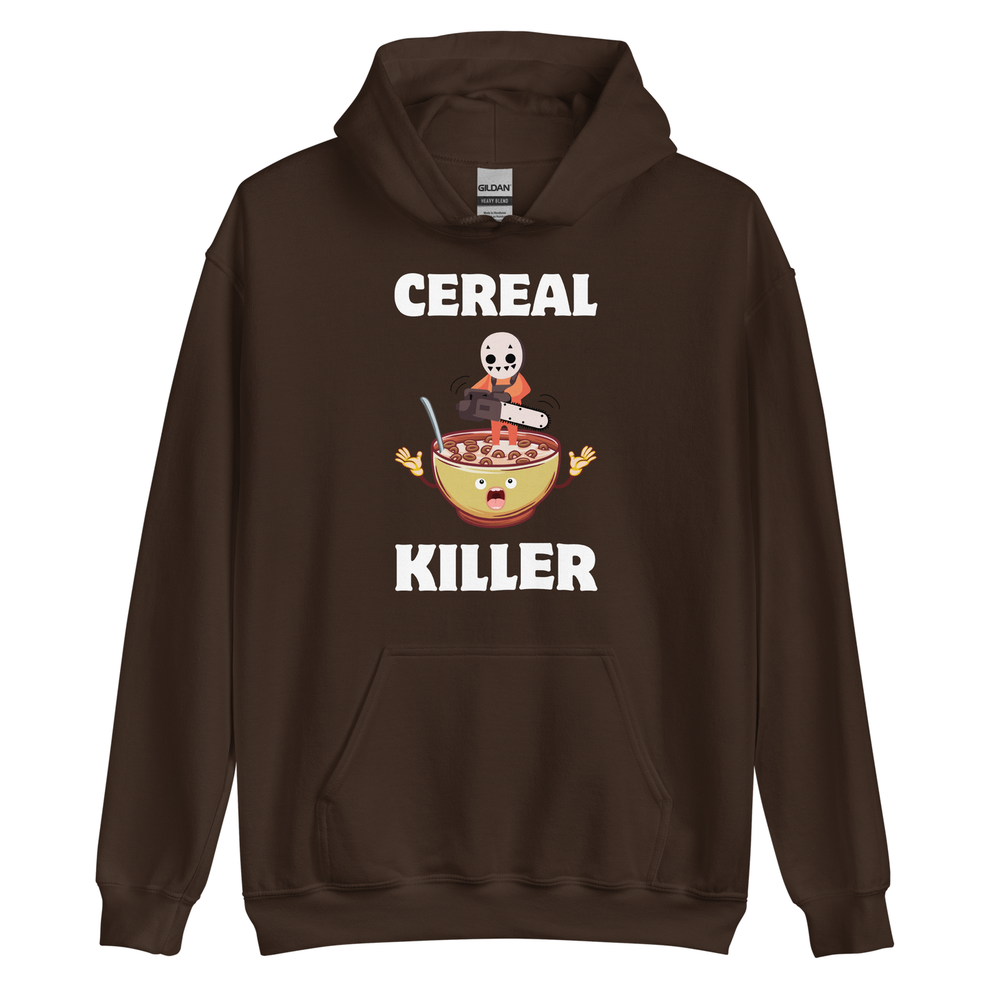 Funny Cereal Killer breakfast graphic hoodie in dark chocolate brown by Boozy Fox