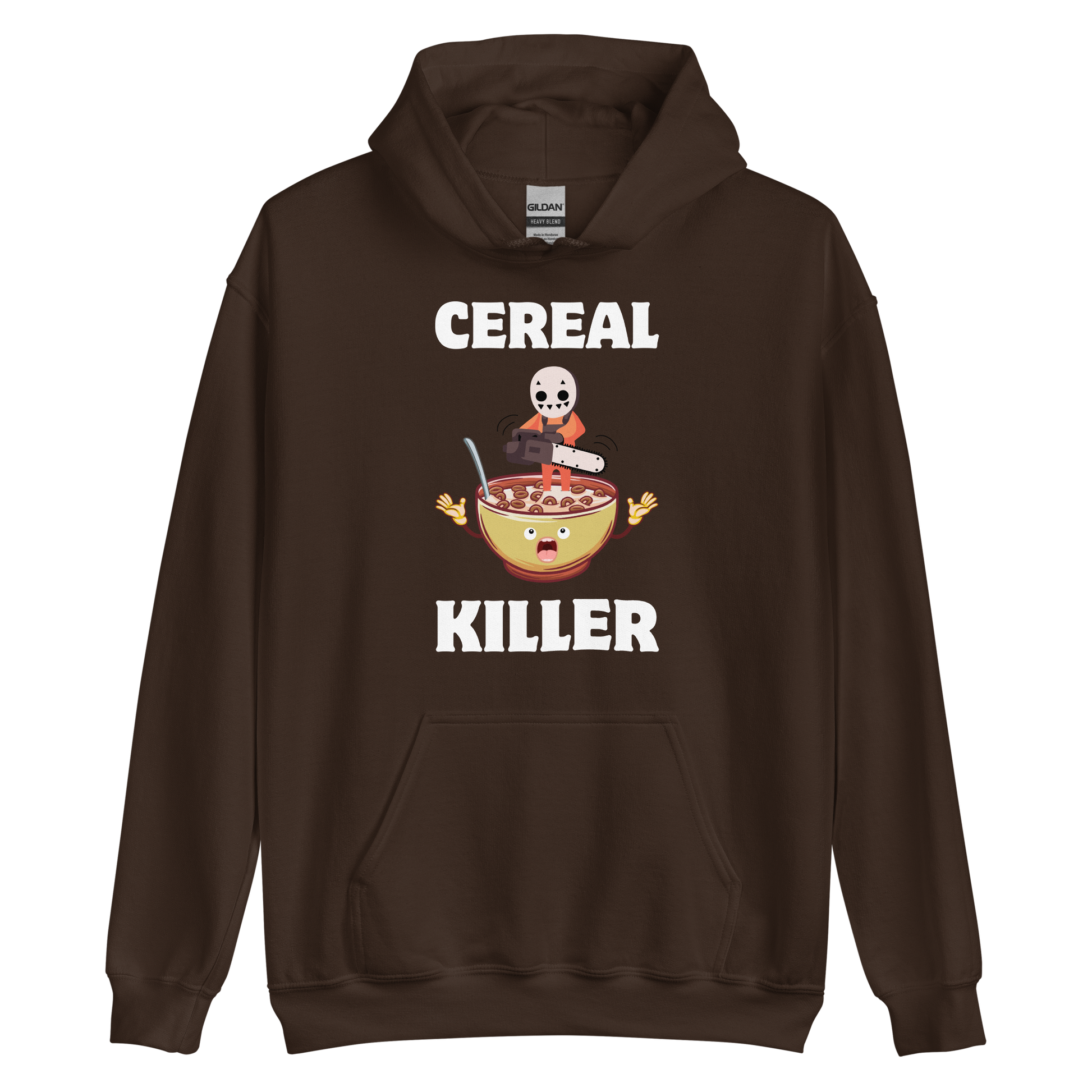 Funny Cereal Killer breakfast graphic hoodie in dark chocolate brown by Boozy Fox