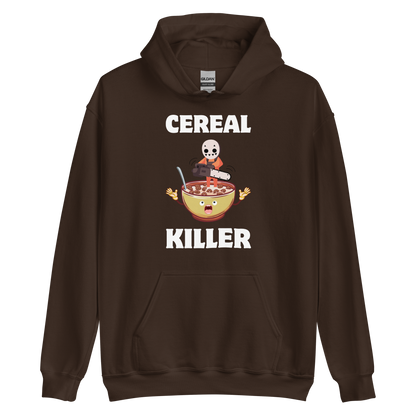 Funny Cereal Killer breakfast graphic hoodie in dark chocolate brown by Boozy Fox