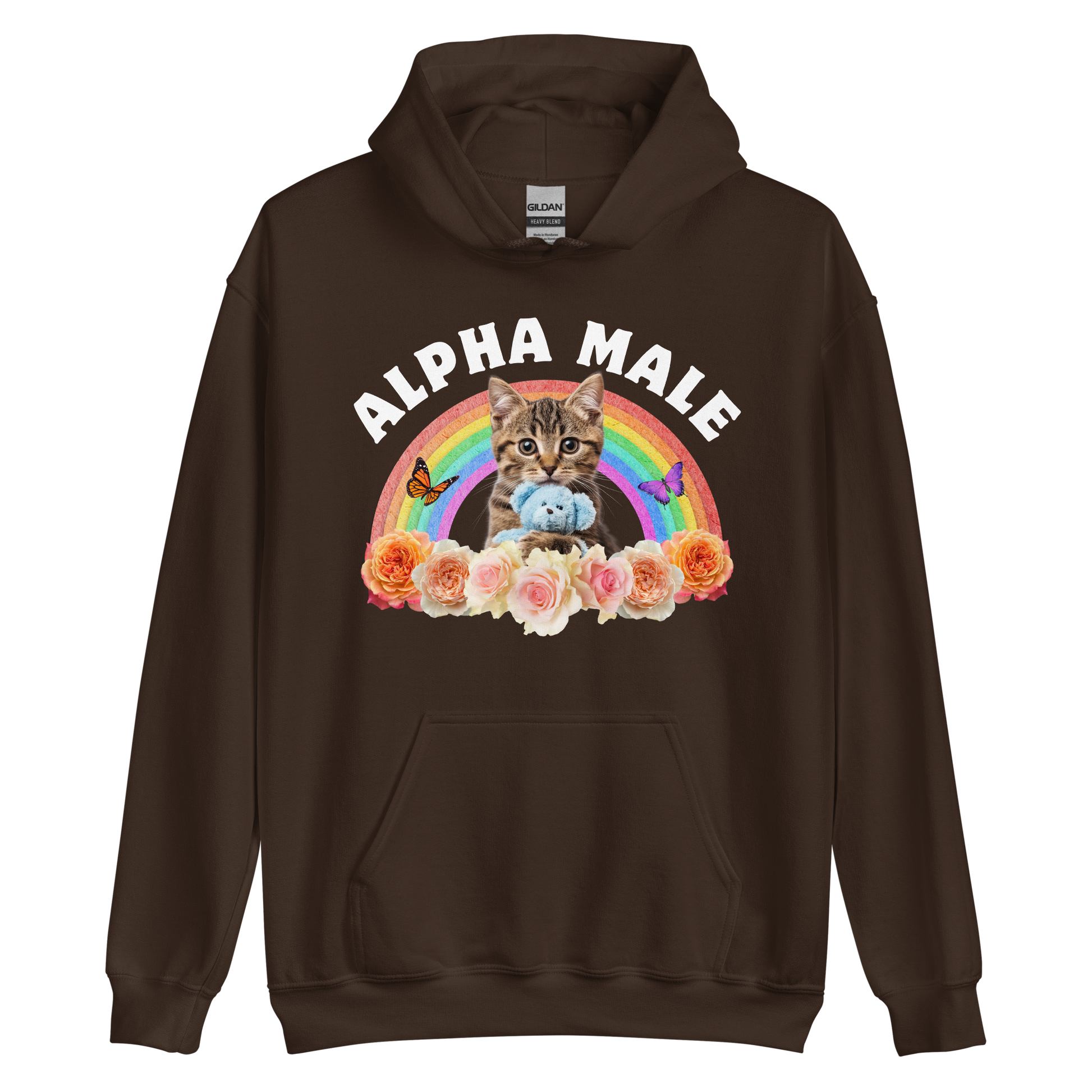 Funny Alpha Male Cat rainbow roses graphic hoodie in dark chocolate brown by Boozy Fox