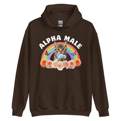 Funny Alpha Male Cat rainbow roses graphic hoodie in dark chocolate brown by Boozy Fox