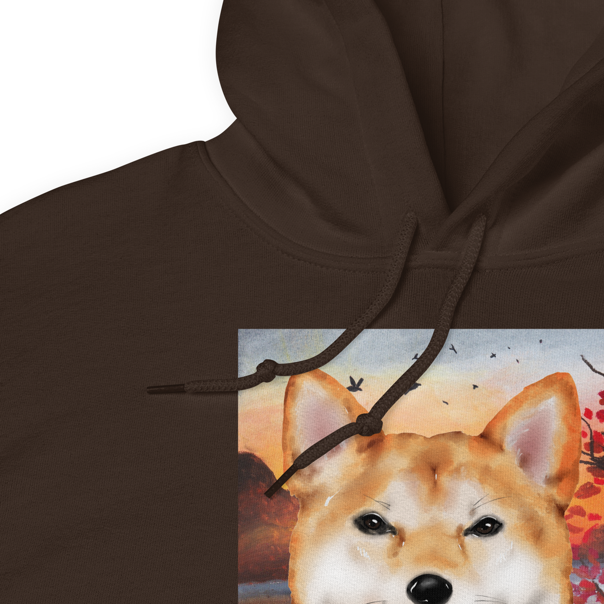 Product details of a Funny Shiba Inu graphic hoodie in dark chocolate brown by Boozy Fox