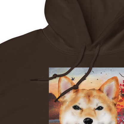 Product details of a Funny Shiba Inu graphic hoodie in dark chocolate brown by Boozy Fox