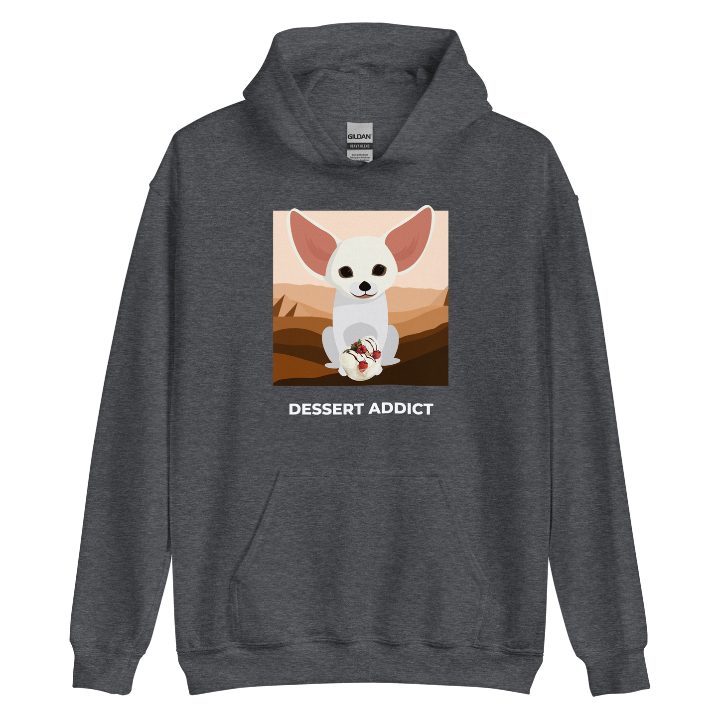 Dark Heather Fennec Fox Hoodie featuring an adorable Dessert Addict graphic on the chest - Funny Graphic Fennec Fox Hoodies - Boozy Fox