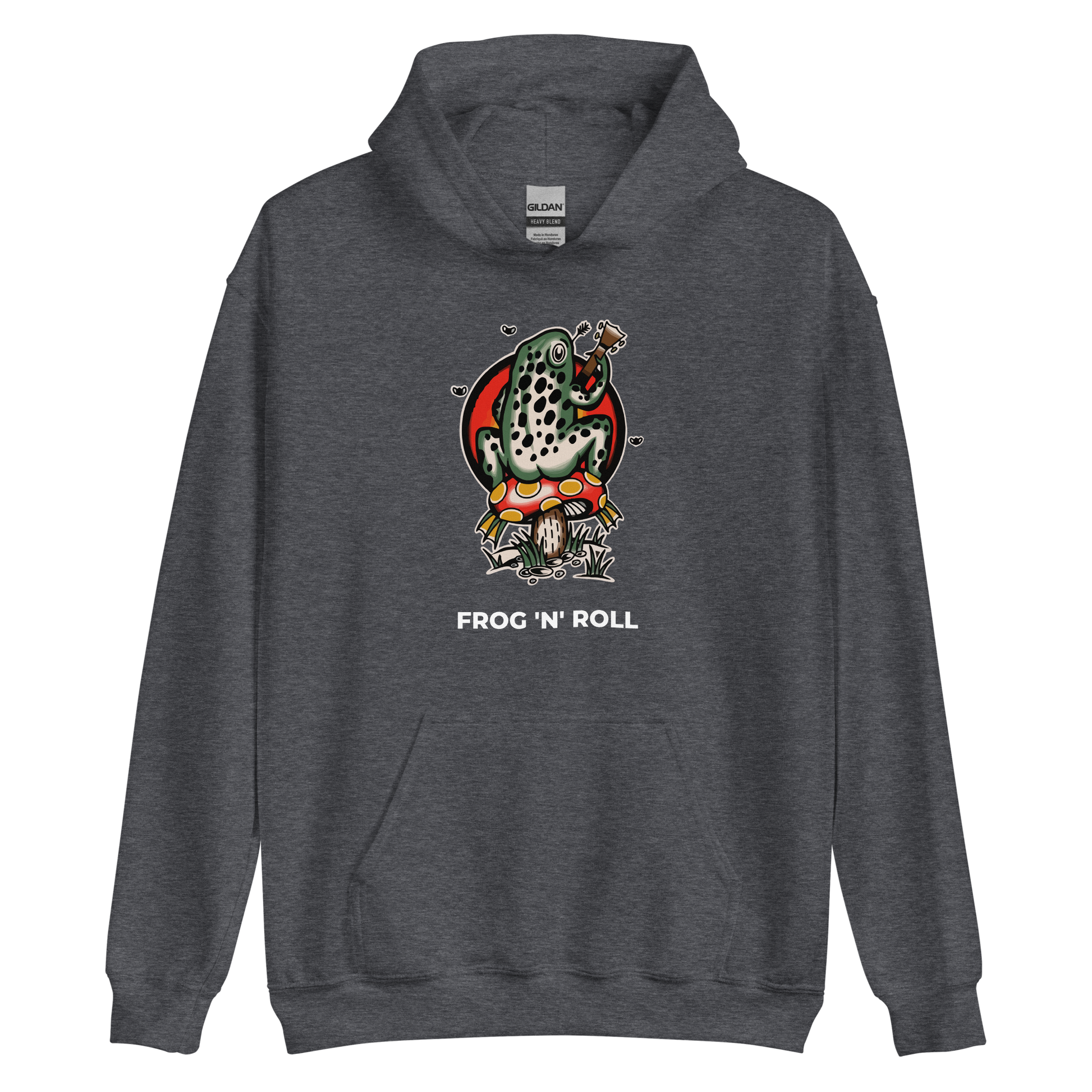 Dark Heather Frog Hoodie featuring the hilarious Frog 'n' Roll graphic on the chest - Funny Graphic Frog Hoodies - Boozy Fox