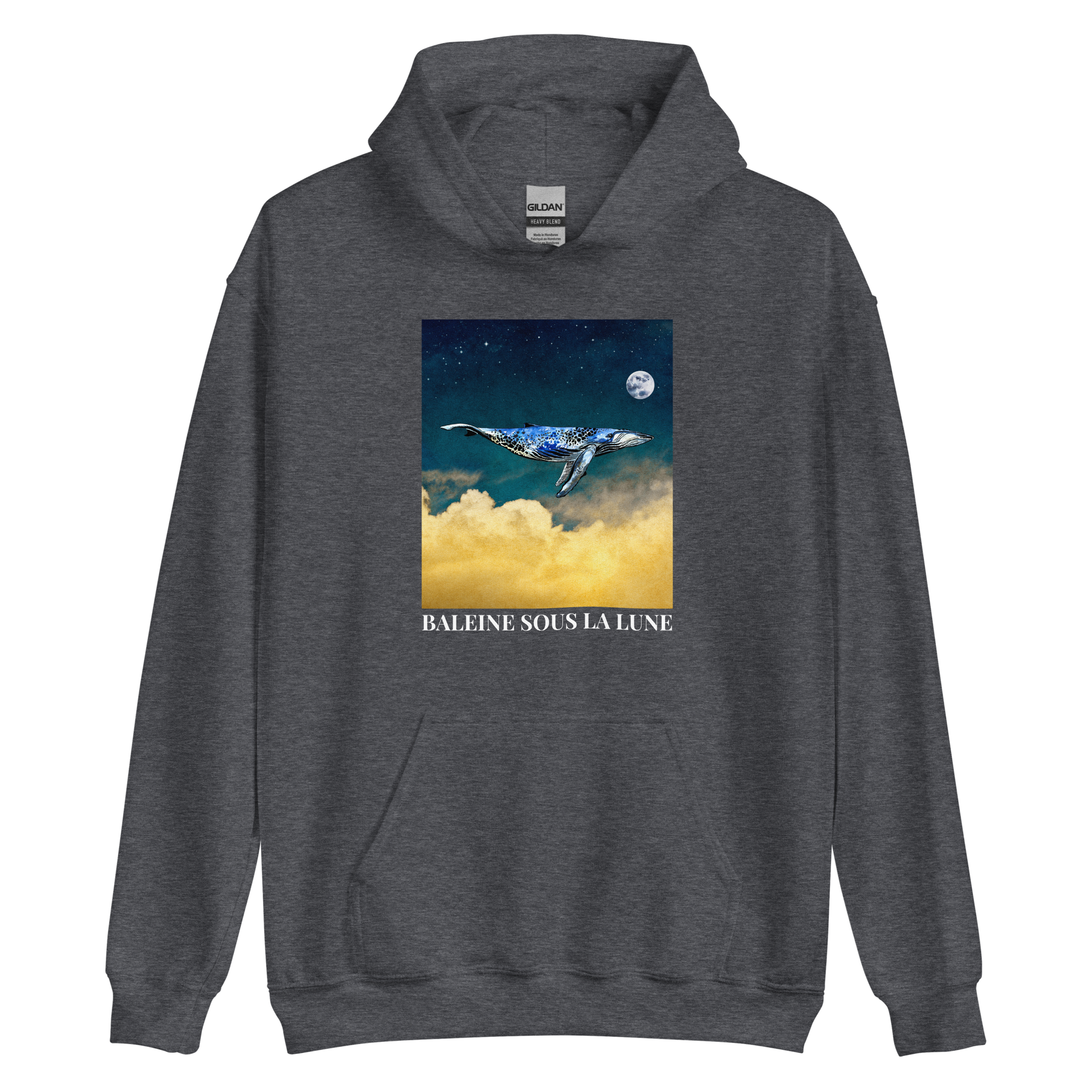 Dark Heather Whale Hoodie featuring a charming Whale Under The Moon graphic on the chest - Cool Graphic Whale Hoodies - Boozy Fox