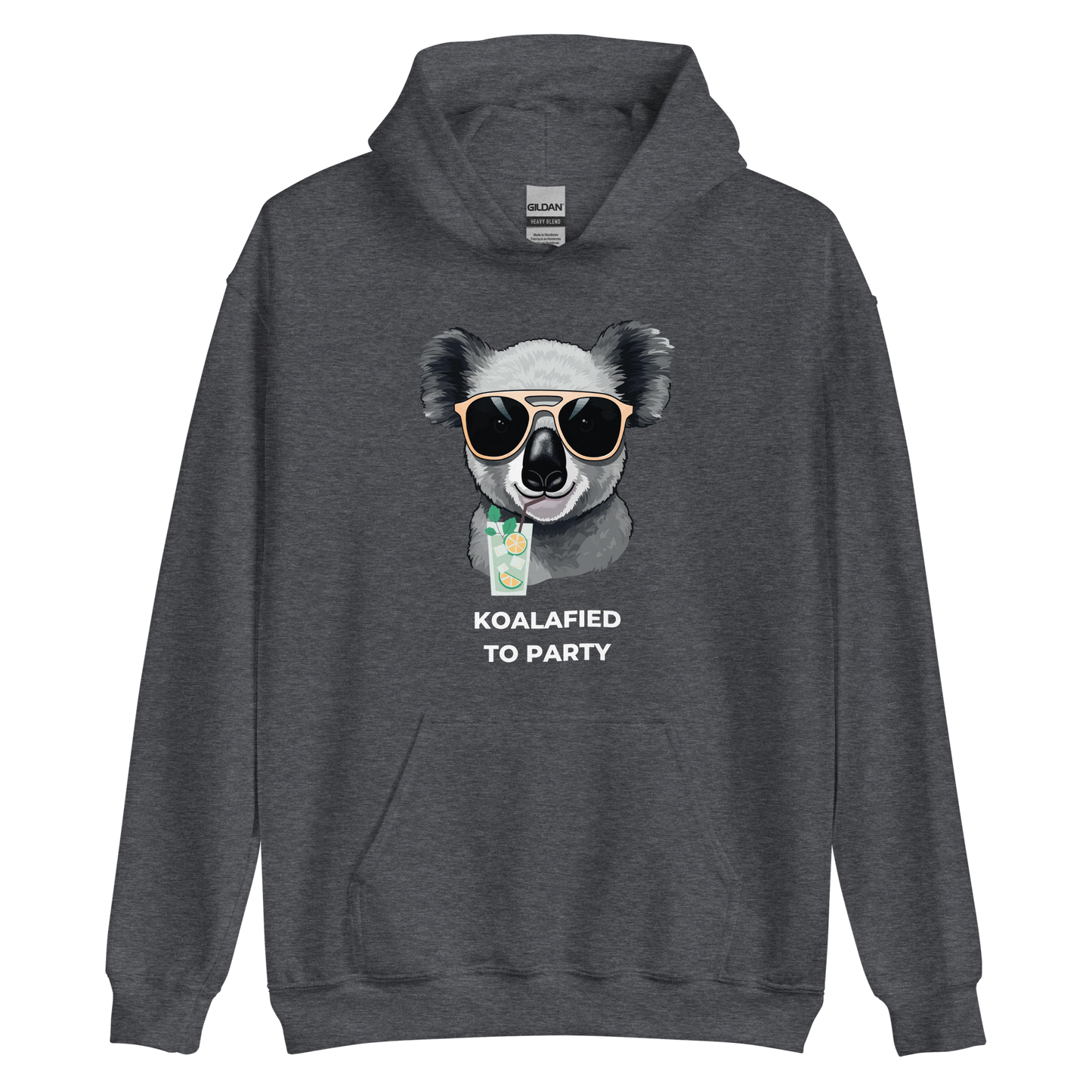 Dark Heather Koala Hoodie featuring a captivating Koalafied To Party graphic on the chest - Funny Graphic Koala Hoodies - Boozy Fox