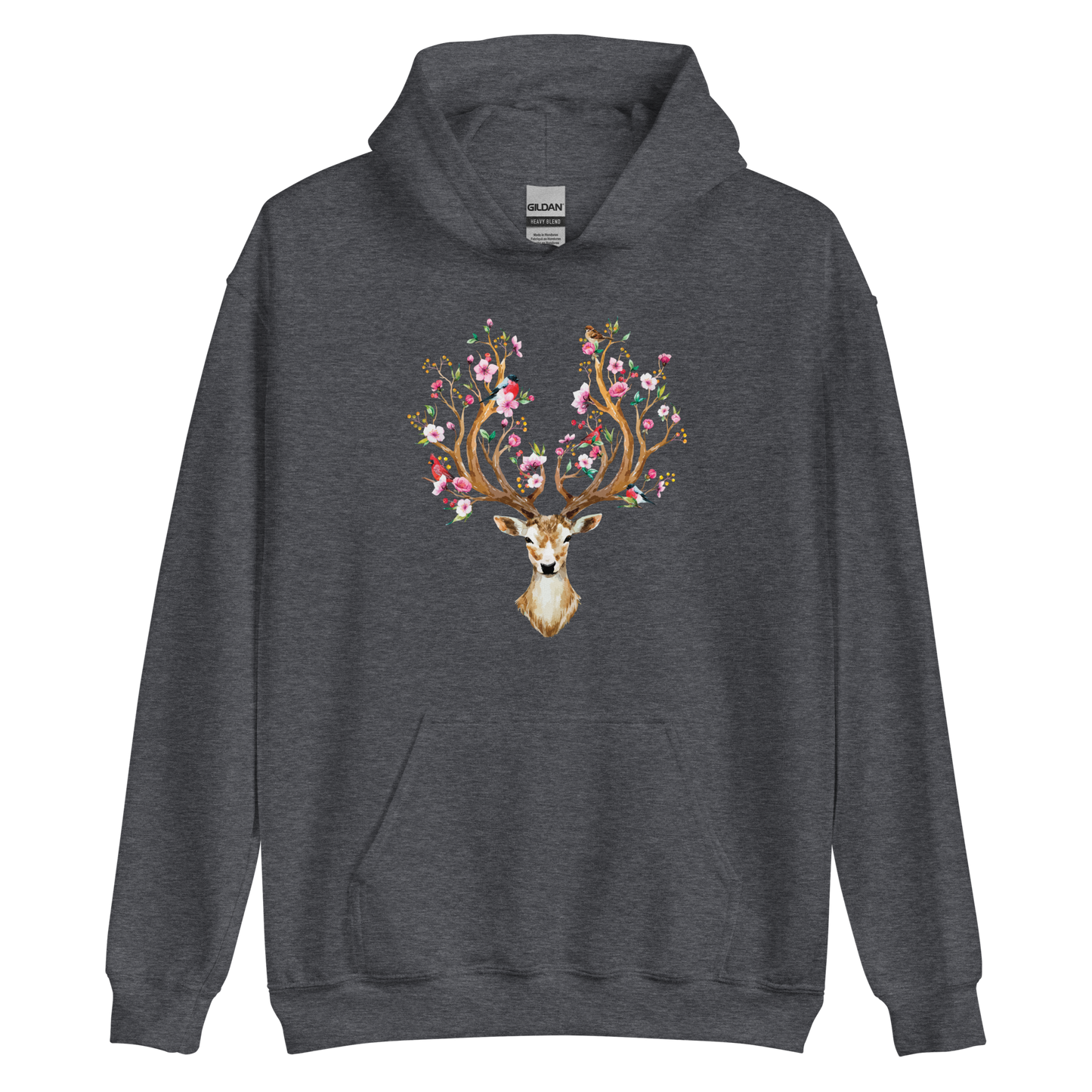 Dark Heather Floral Red Deer Hoodie featuring a captivating Floral Red Deer graphic on the chest - Cute Graphic Deer Hoodies - Boozy Fox