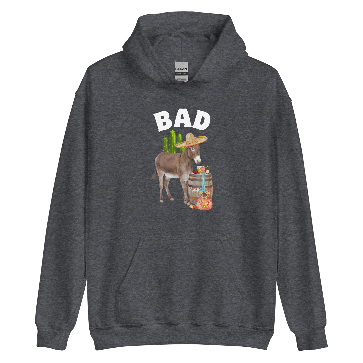 Dark Heather Donkey Hoodie Featuring a Funny Bad Ass Donkey graphic on the chest - Funny Graphic Bad Ass Donkey Hoodies - Boozy Fox