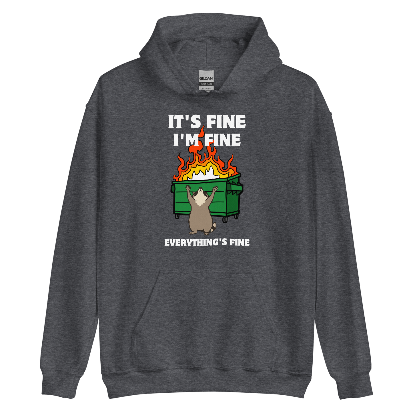 Funny Dumpster Fire Raccoon graphic hoodie in dark heather by Boozy Fox