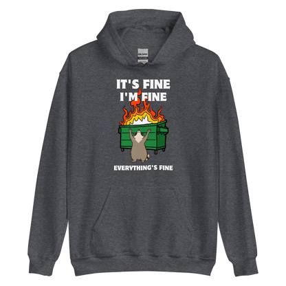 Funny Dumpster Fire Raccoon graphic hoodie in dark heather by Boozy Fox