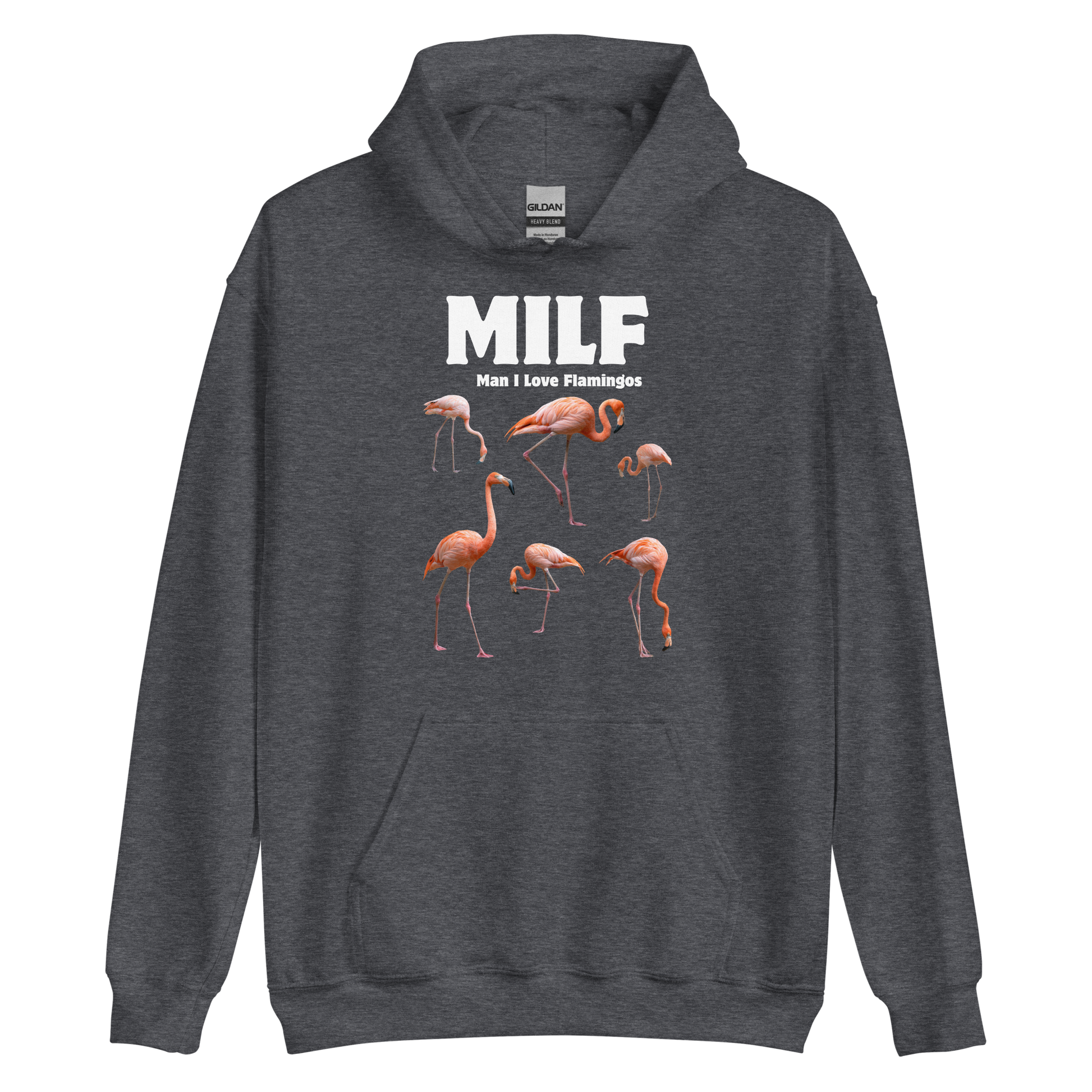 Funny Man I Love Flamingos graphic hoodie in dark heather by Boozy Fox