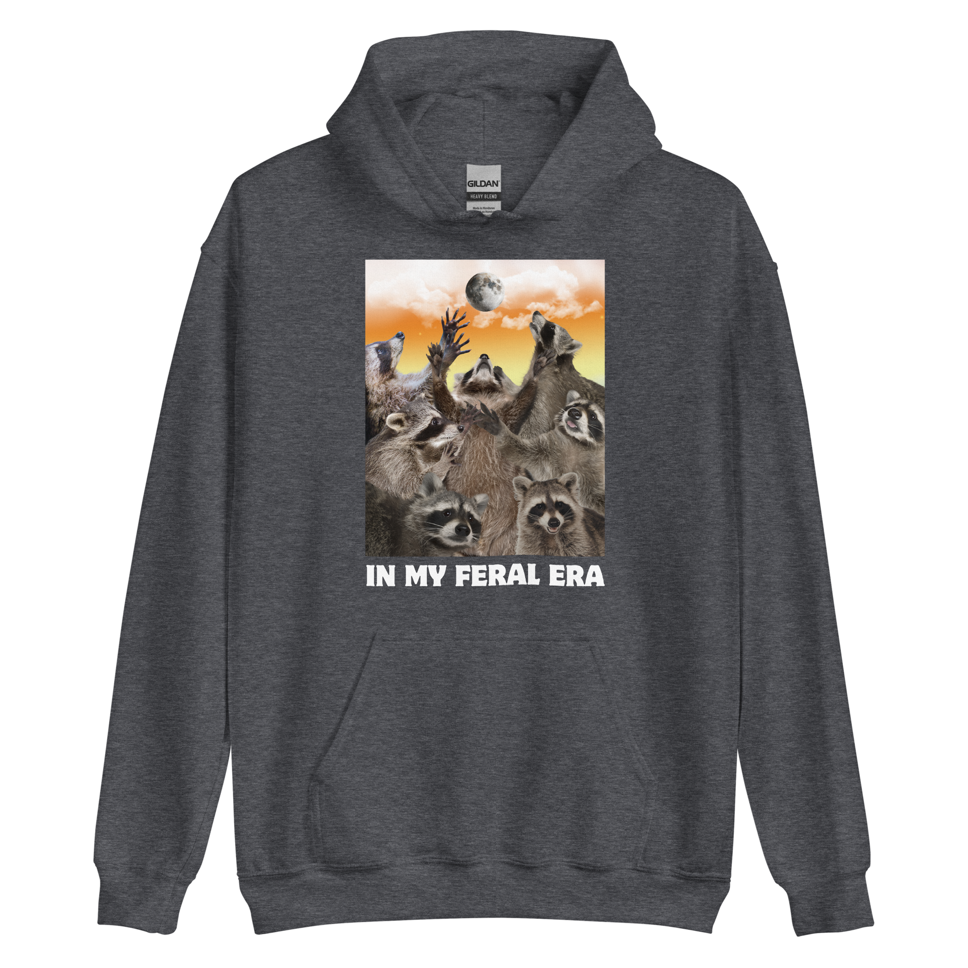 Funny In My Feral Era Raccoon graphic hoodie in dark heather by Boozy Fox