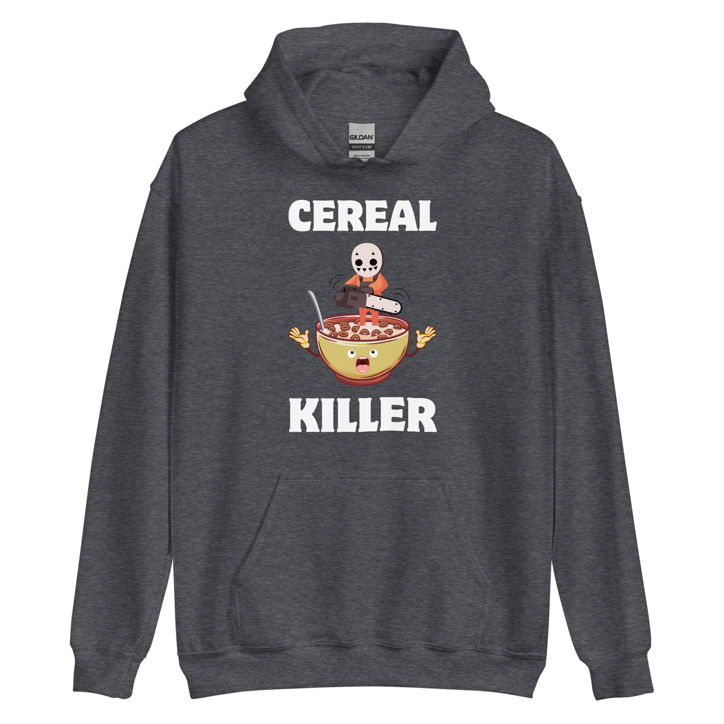 Funny Cereal Killer breakfast graphic hoodie in dark heather by Boozy Fox