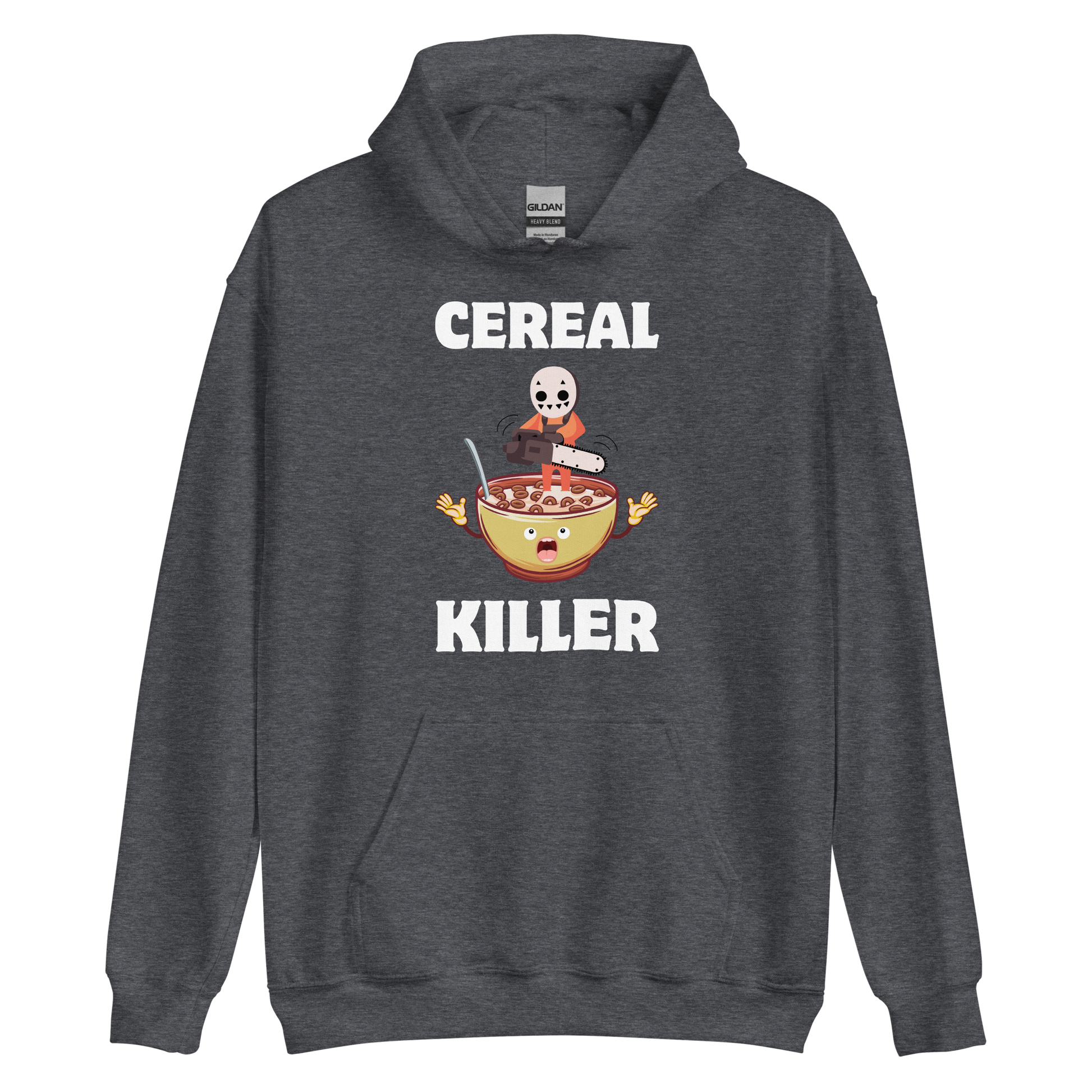 Funny Cereal Killer breakfast graphic hoodie in dark heather by Boozy Fox