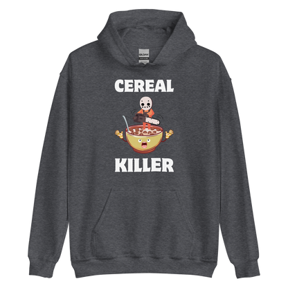 Funny Cereal Killer breakfast graphic hoodie in dark heather by Boozy Fox