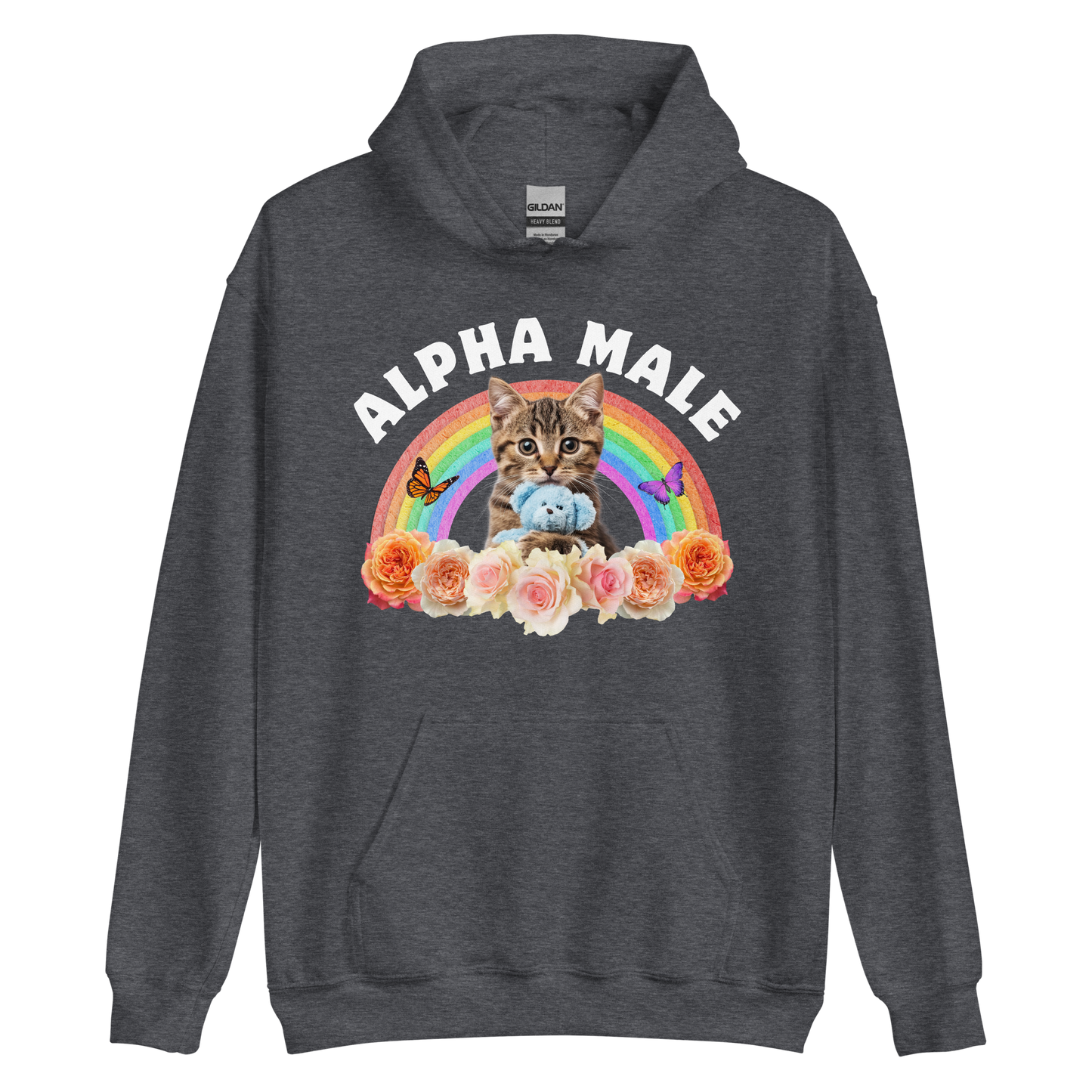 Funny Alpha Male Cat rainbow roses graphic hoodie in dark heather by Boozy Fox