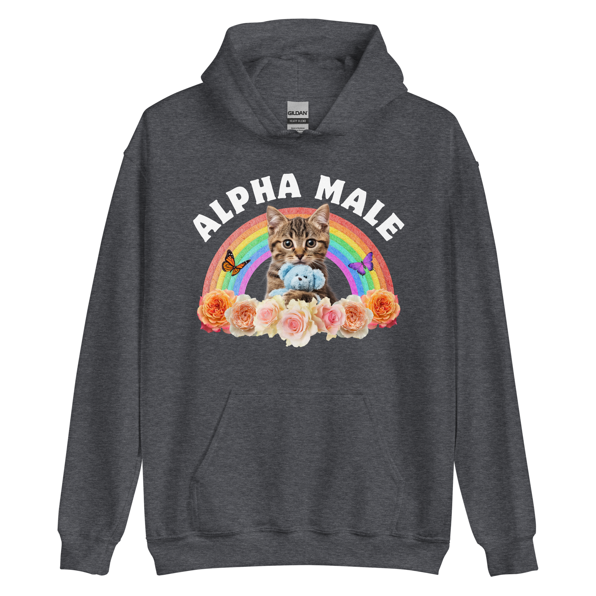 Funny Alpha Male Cat rainbow roses graphic hoodie in dark heather by Boozy Fox