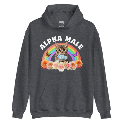 Funny Alpha Male Cat rainbow roses graphic hoodie in dark heather by Boozy Fox