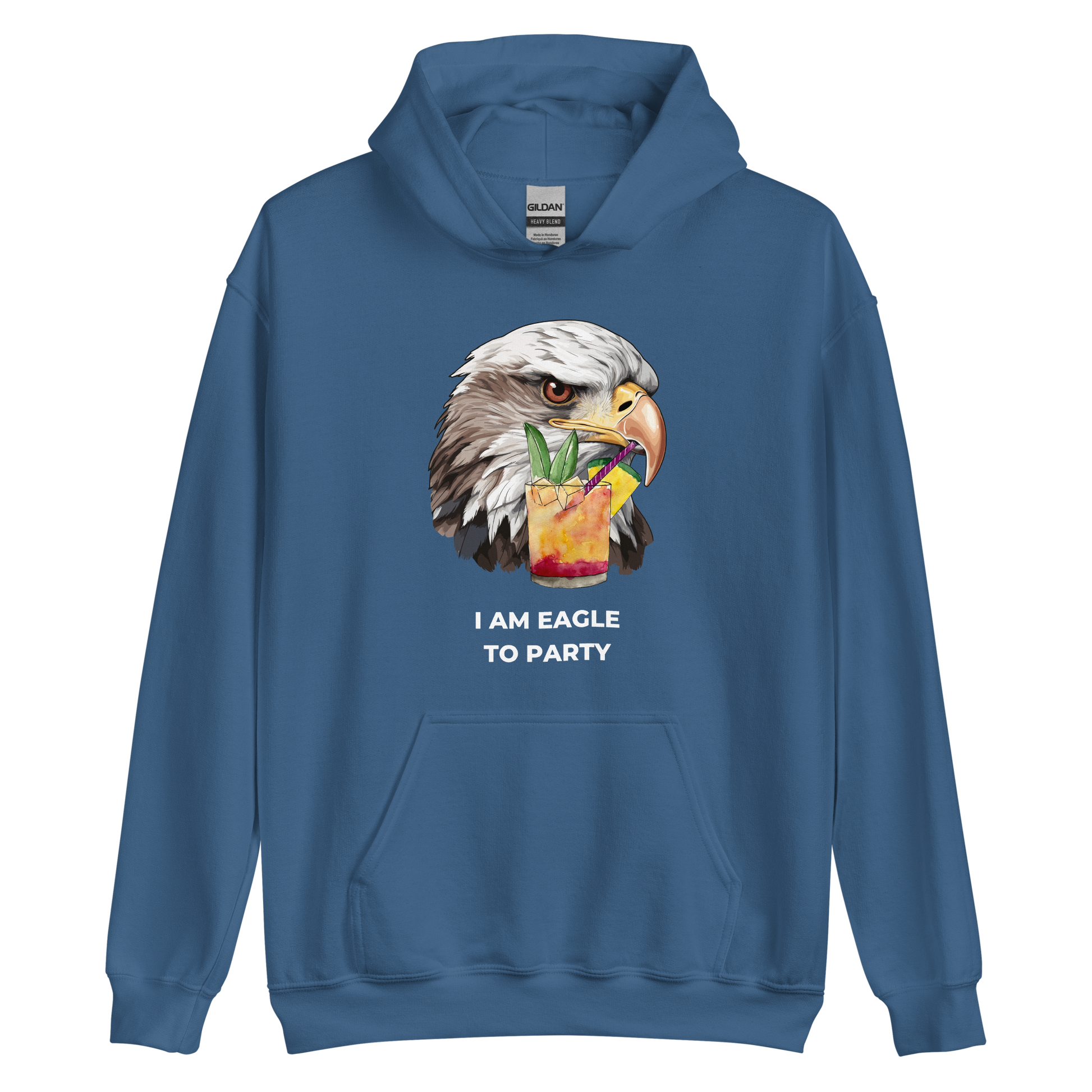Indigo Blue Eagle Hoodie featuring a captivating I Am Eagle To Party graphic on the chest - Funny Graphic Eagle Party Hoodies - Boozy Fox