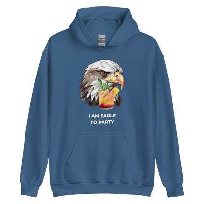 Indigo Blue Eagle Hoodie featuring a captivating I Am Eagle To Party graphic on the chest - Funny Graphic Eagle Party Hoodies - Boozy Fox