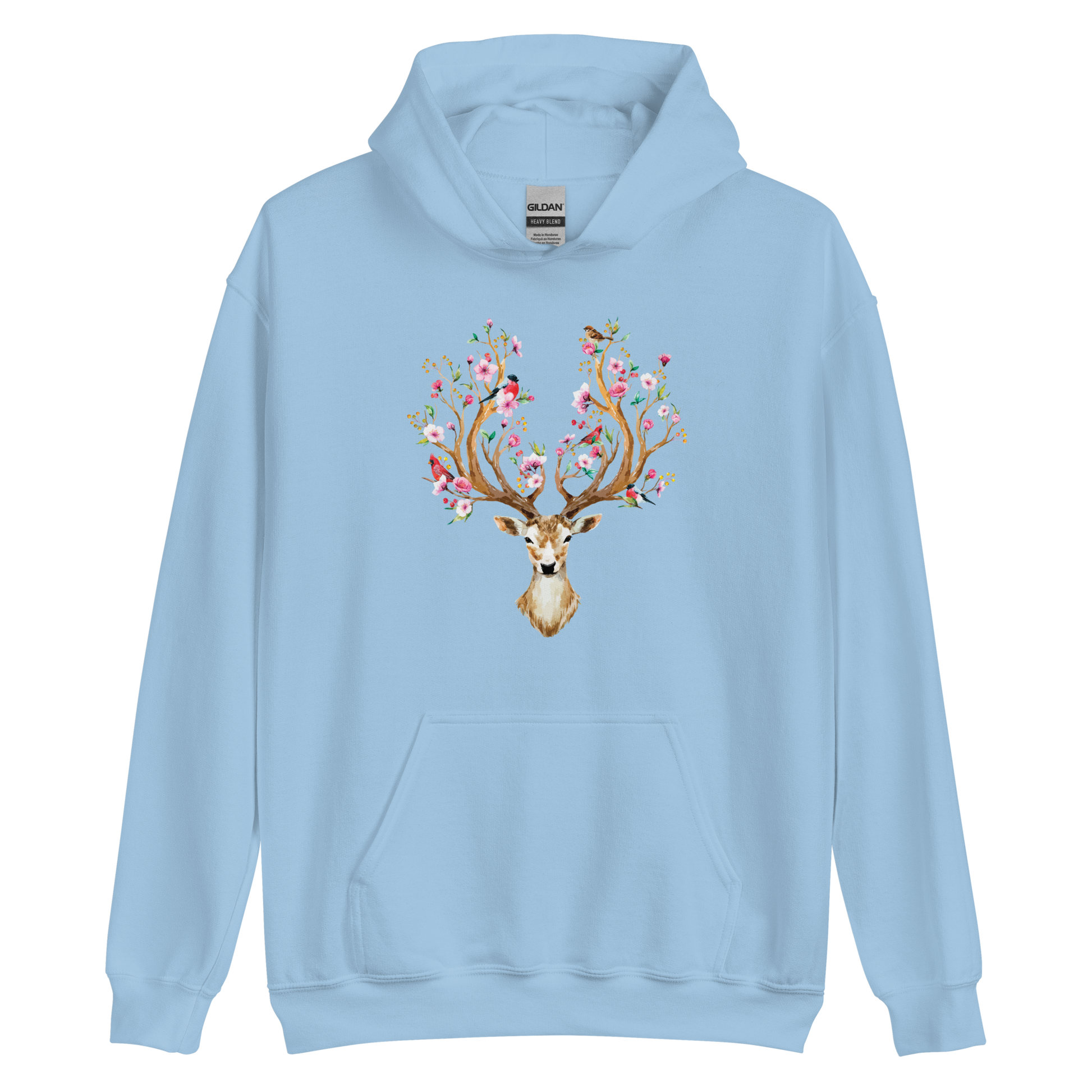 Light Blue Floral Red Deer Hoodie featuring a captivating Floral Red Deer graphic on the chest - Cute Graphic Deer Hoodies - Boozy Fox