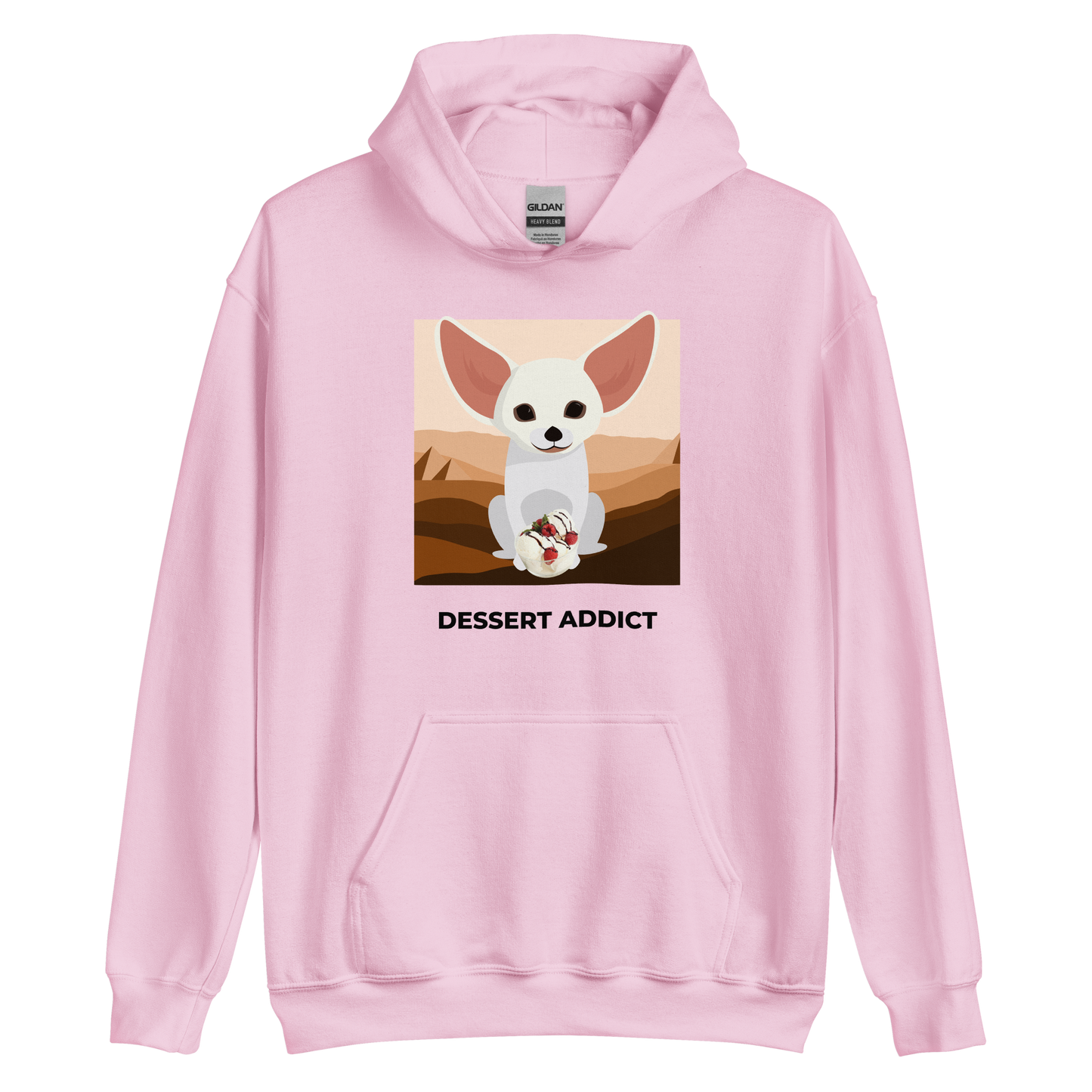Light Pink Fennec Fox Hoodie featuring an adorable Dessert Addict graphic on the chest - Funny Graphic Fennec Fox Hoodies - Boozy Fox