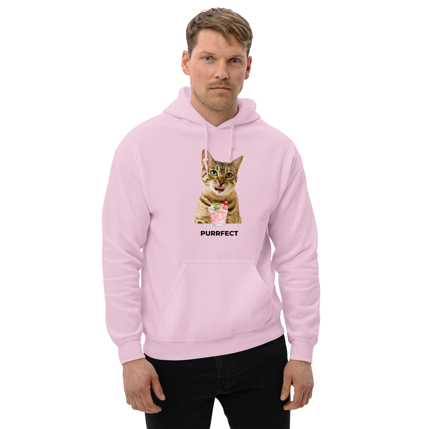 Man Wearing a Light Pink Cat Hoodie featuring an adorable Purrfect graphic on the chest - Funny Graphic Cat Hoodies - Boozy Fox